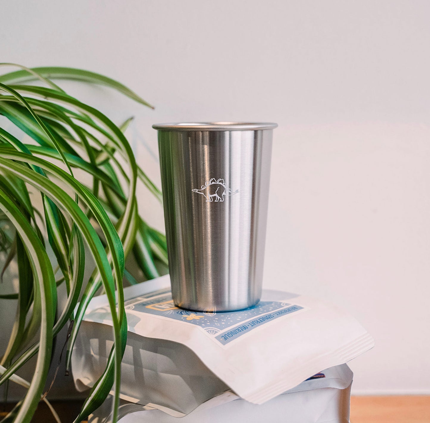 A photo of a tall tin cup printed with a small white dinosaur as long thin green plant leaves sit off to one side