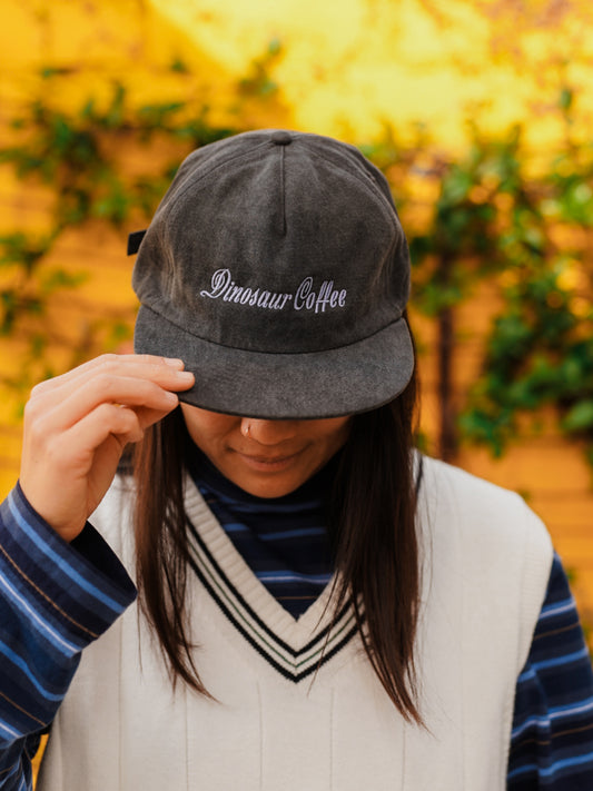 A photo of a person holding the brim of a gray baseball hat with their right hand. The hat is embroidered with the words "Dinosaur Coffee" in blue lettering